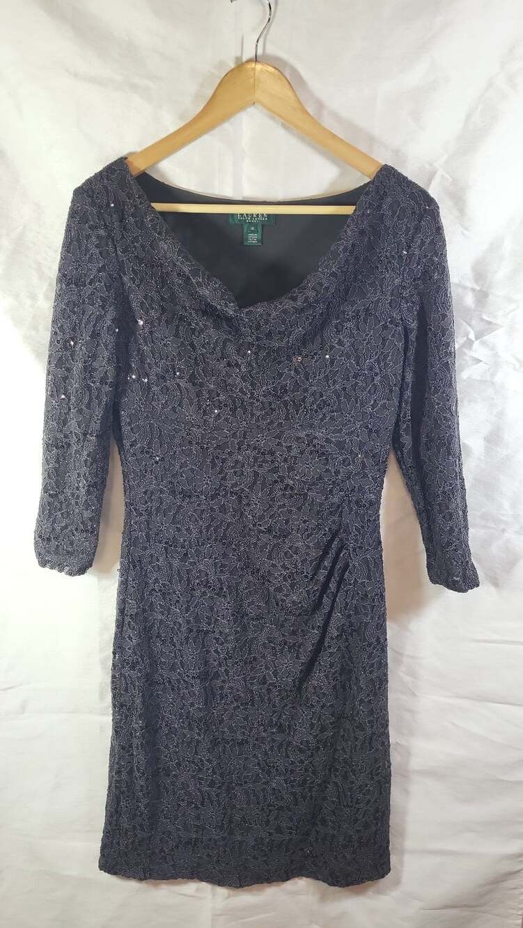 Lauren Ralph Lauren Size 10 Charcoal Gray Sequin Lace Ruched Sheath Dress